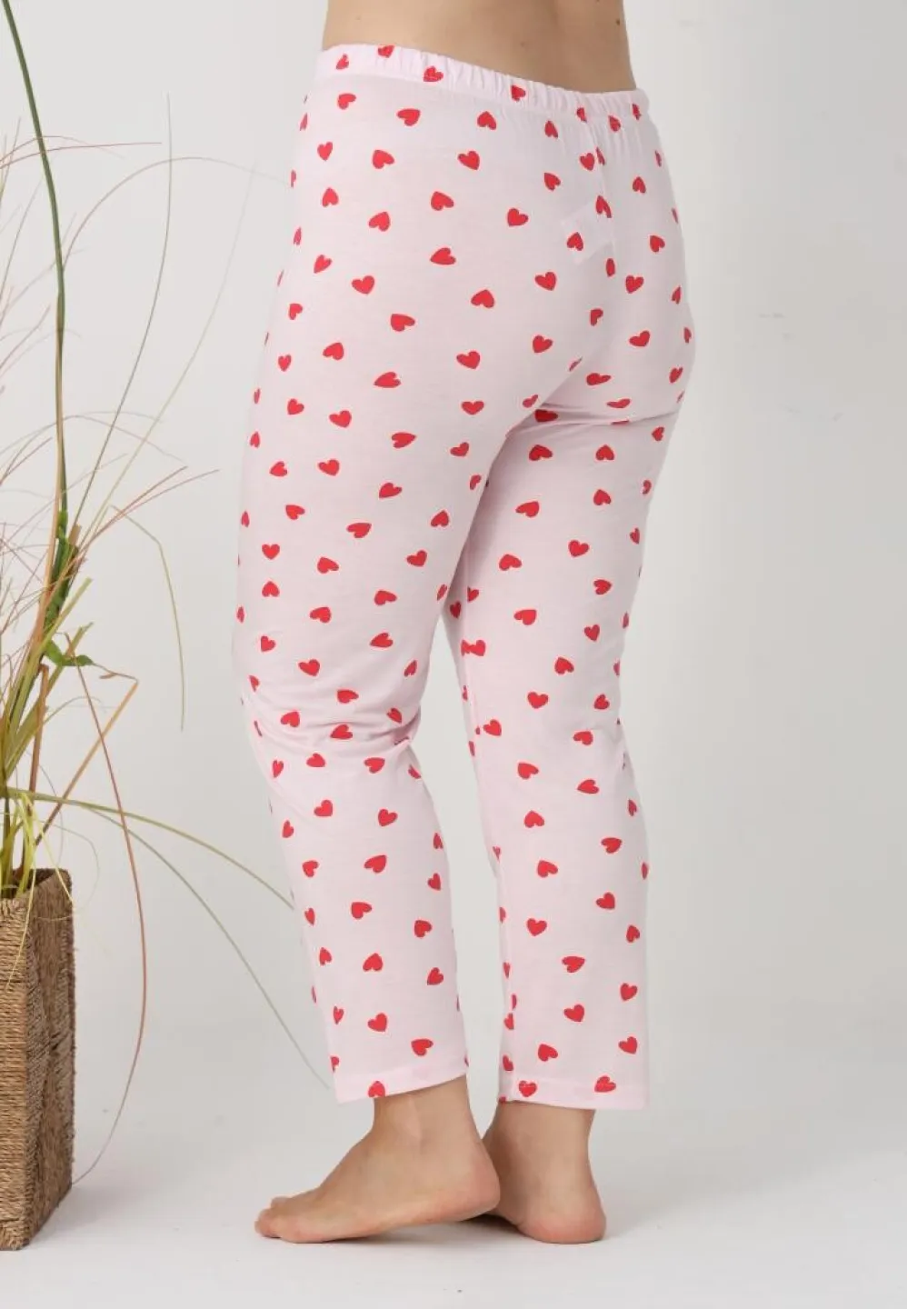 Pantaloni de pijama damă Big Size, inimioare roșii pe fundal roz - 3