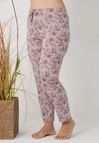 Pantaloni de pijama damă Big Size, model gri cu flori vișinii