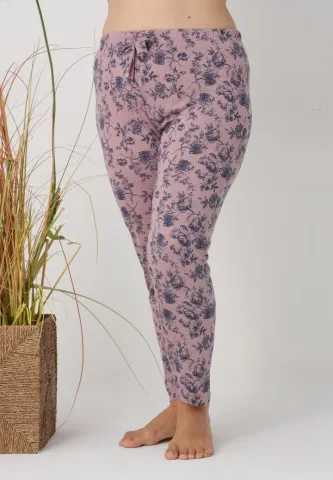 Pantaloni de pijama damă Big Size, model roz cu flori albastre