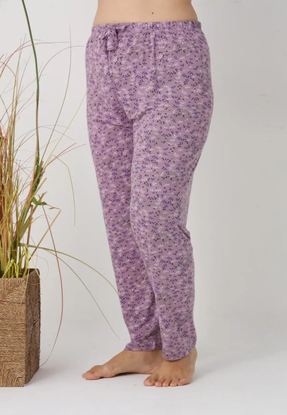 Pantaloni de pijama damă Big Size, model mov cu flori - 5