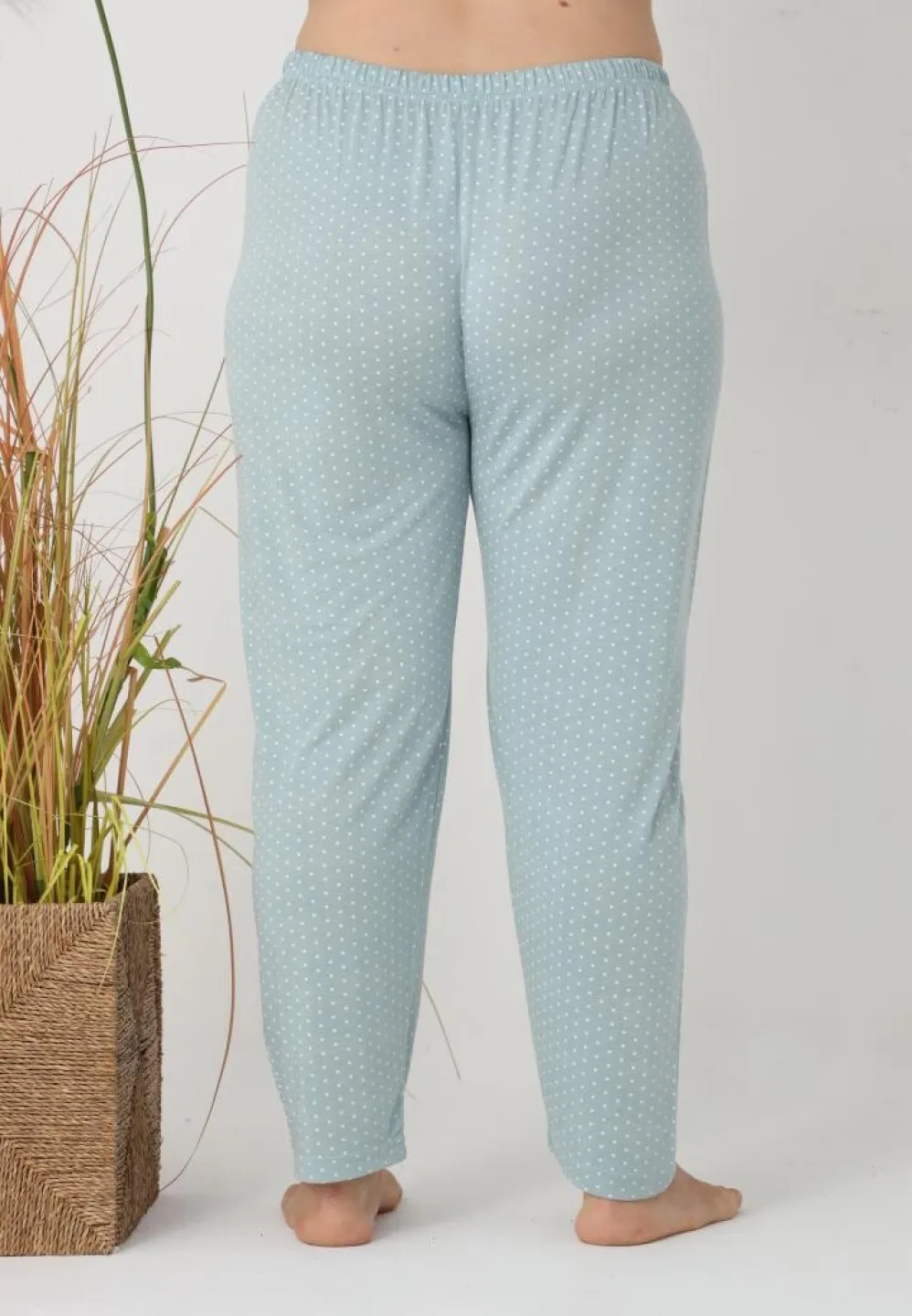 Pantaloni de pijama damă Big Size, model verde cu puncte albe - 3