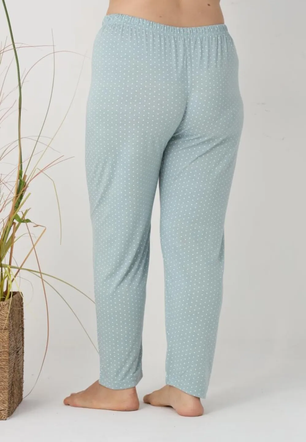 Pantaloni de pijama damă Big Size, model verde cu puncte albe - 4