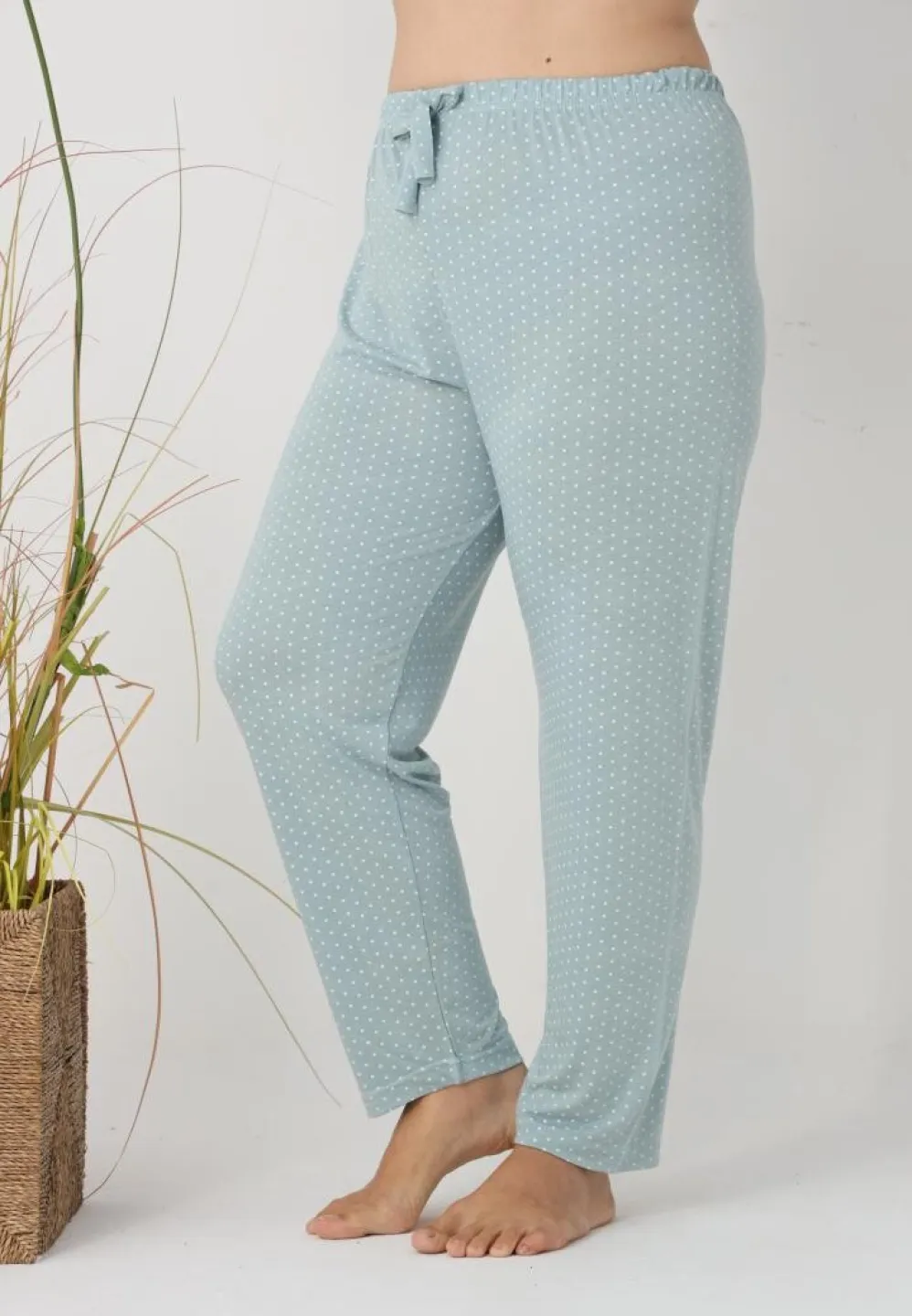 Pantaloni de pijama damă Big Size, model verde cu puncte albe - 5