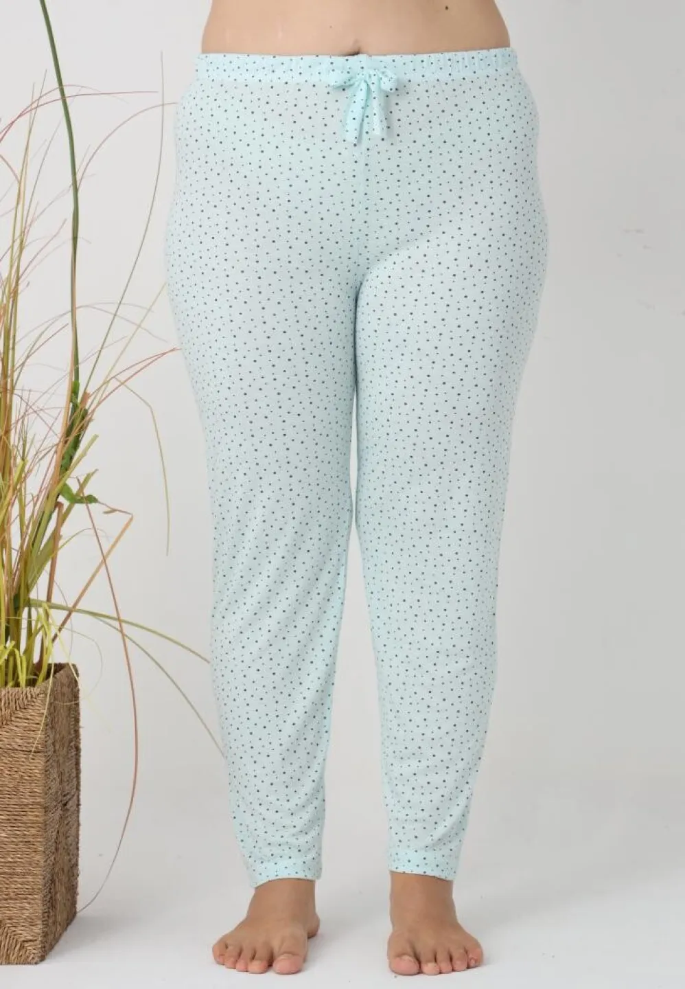 Pantaloni de pijama damă Big Size, model turcoaz cu puncte negre - 1