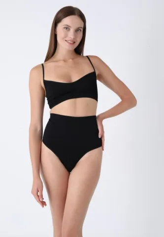 Corset modelator talie înaltă + chilot tanga negru