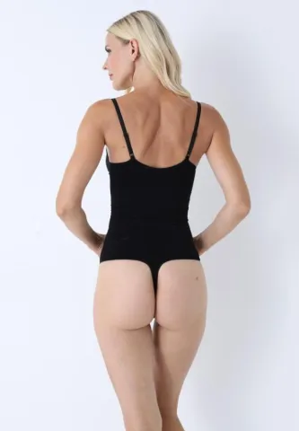Body modelator negru, tanga, cu bretele subțiri reglabile hover