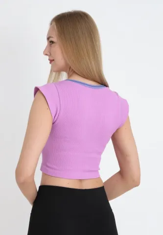 Tricou damă crop mov cu mânecă scurtă hover