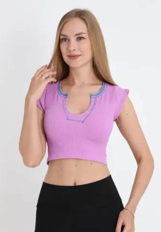 Tricou damă crop mov cu mânecă scurtă