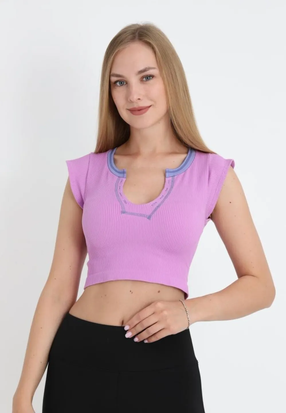 Tricou damă crop mov cu mânecă scurtă - 3