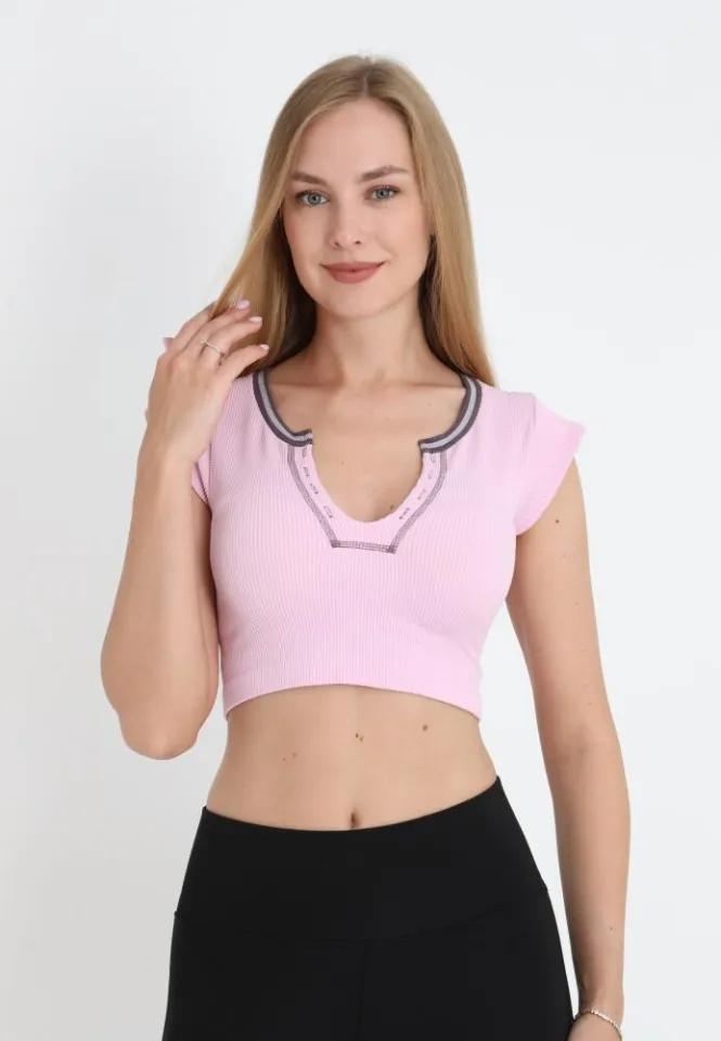 Tricou damă crop roz cu mânecă scurtă