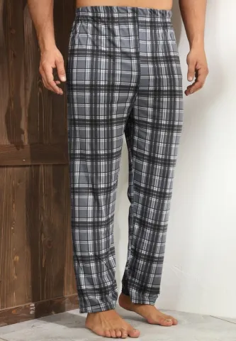 Pantalon casual Big Size pentru bărbați, gri cu carouri și linii albe