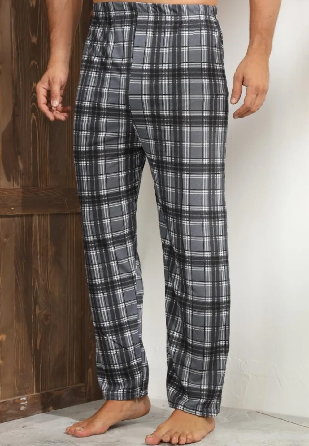 Pantalon casual Big Size pentru bărbați, gri cu carouri și linii albe - 3
