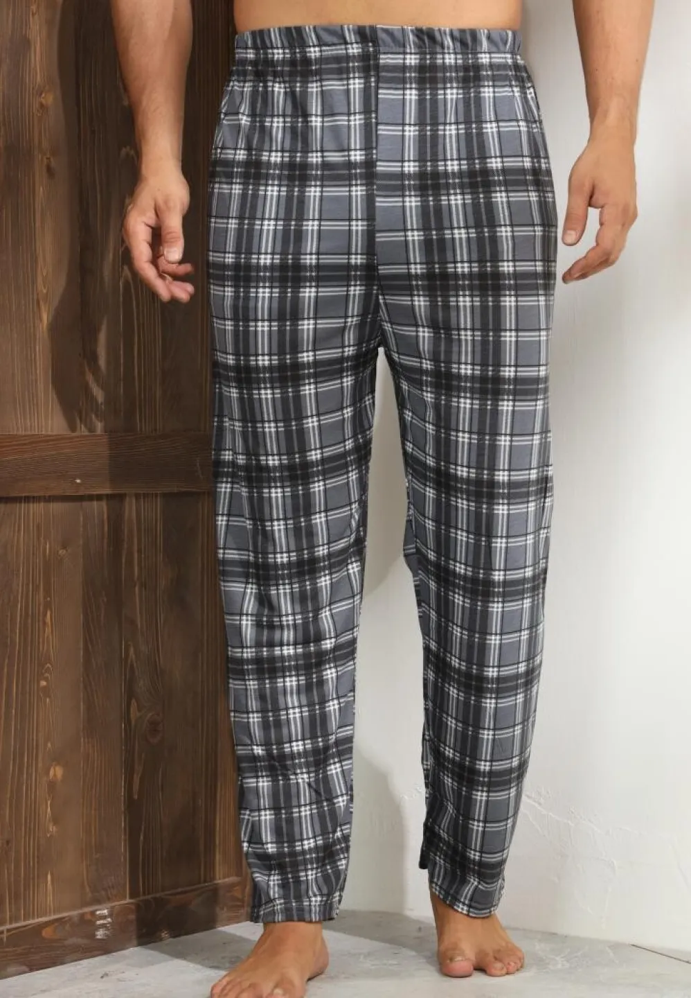 Pantalon casual Big Size pentru bărbați, gri cu carouri și linii albe - 4