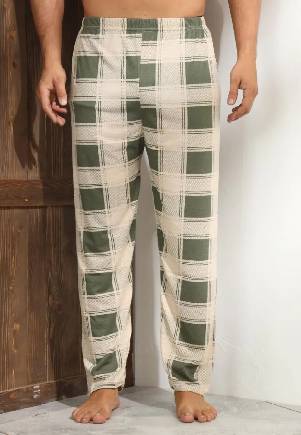 Pantalon casual Big Size pentru bărbați, bej cu pătrățele verzi - 1