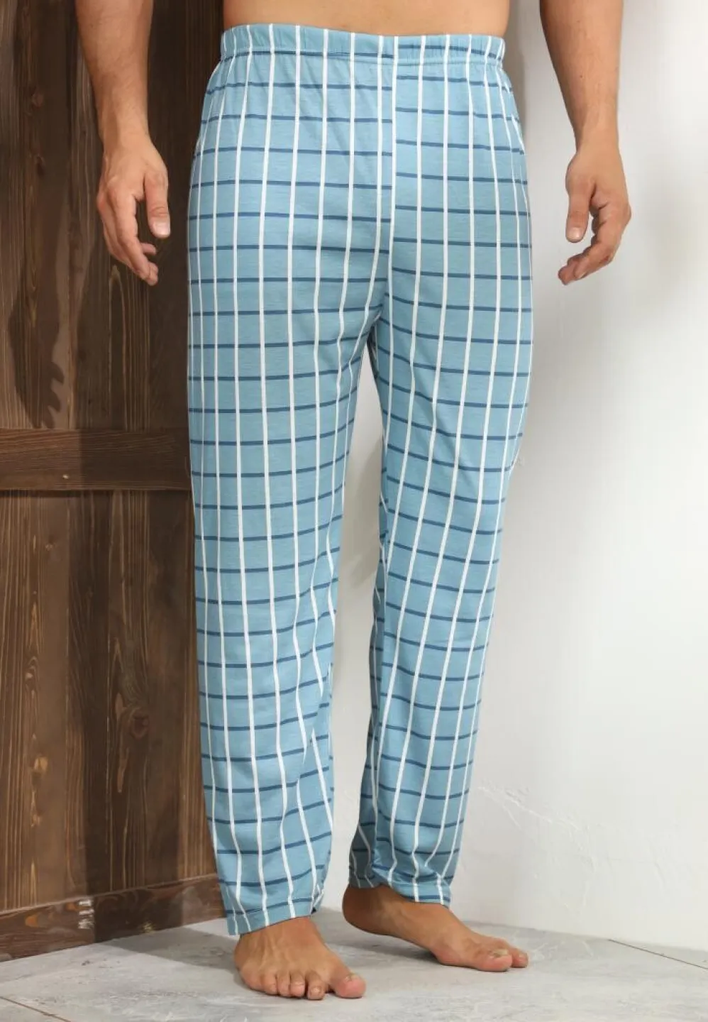 Pantalon confortabil Big Size pentru bărbați, albastru deschis cu carouri - 3