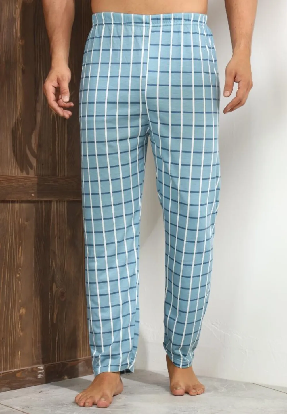 Pantalon confortabil Big Size pentru bărbați, albastru deschis cu carouri - 4