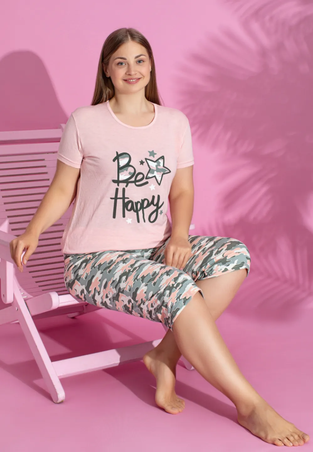 Pijama damă bumbac BE HAPPY mărime mare tricou + pantaloni 3/4 - 2