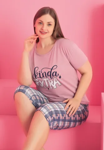 Pijama damă bumbac KINDA EXTRA mărime mare tricou + pantaloni 3/4 hover