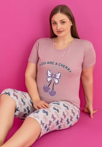 Pijama damă bumbac YOU ARE A CHERRY mărime mare tricou + pantaloni 3/4 hover