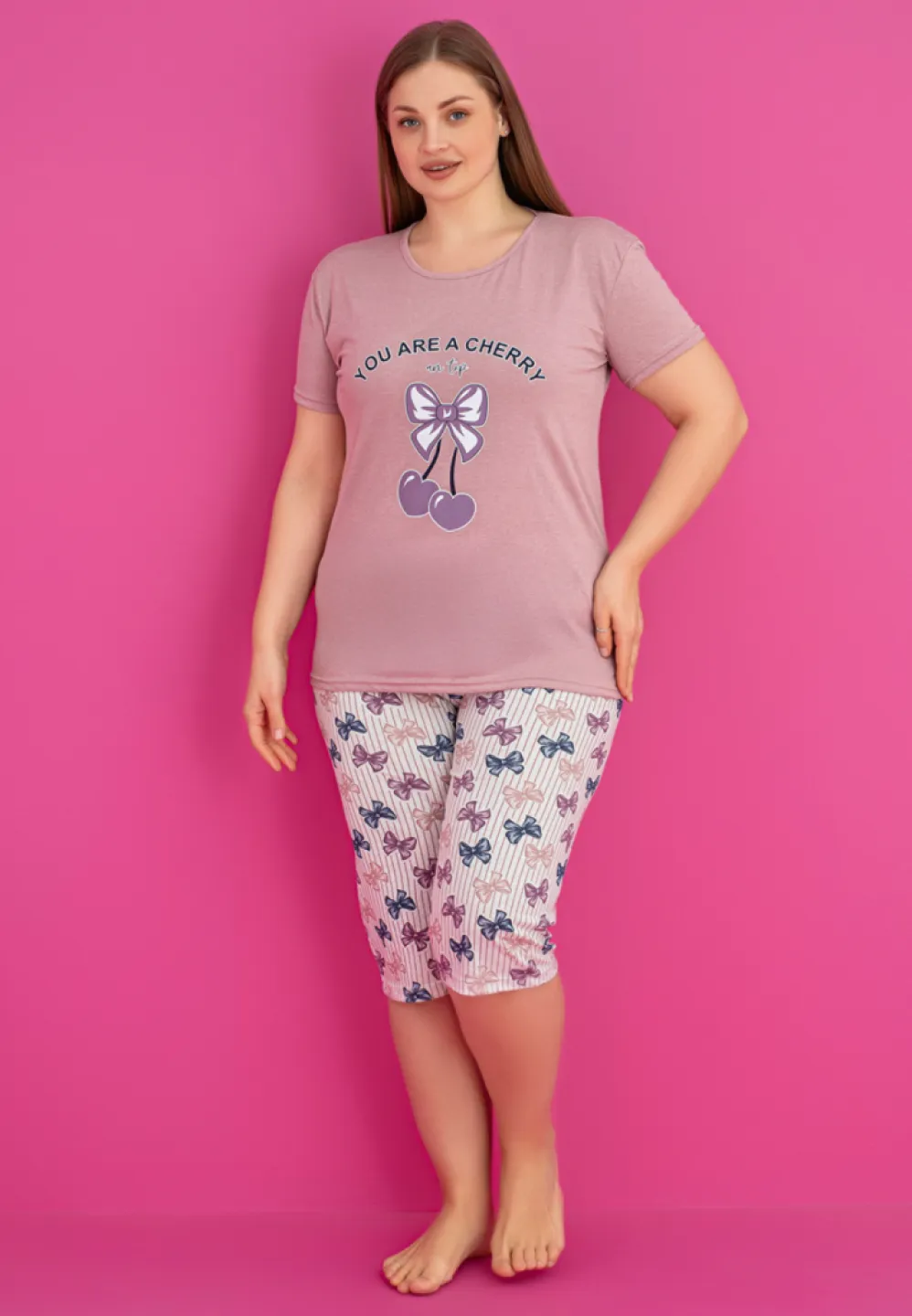 Pijama damă bumbac YOU ARE A CHERRY mărime mare tricou + pantaloni 3/4 - 1