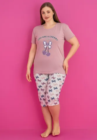 Pijama damă bumbac YOU ARE A CHERRY mărime mare tricou + pantaloni 3/4