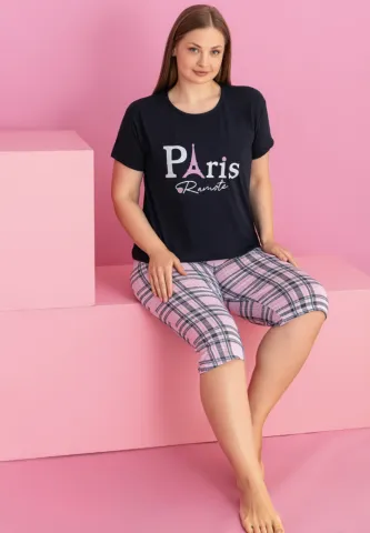 Pijama damă bumbac PARIS mărime mare tricou + pantaloni 3/4 hover