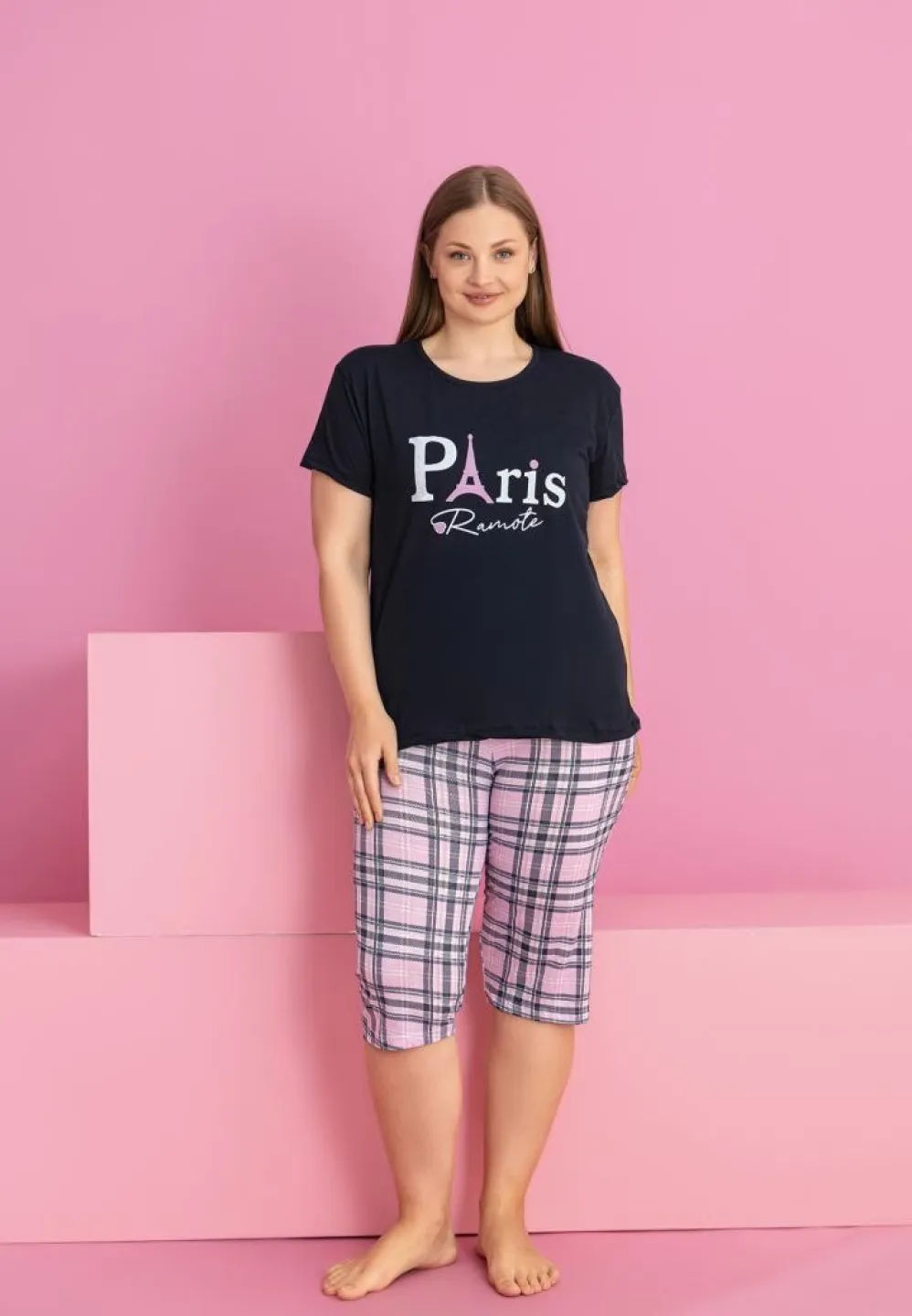 Pijama damă bumbac PARIS mărime mare tricou + pantaloni 3/4 - 1