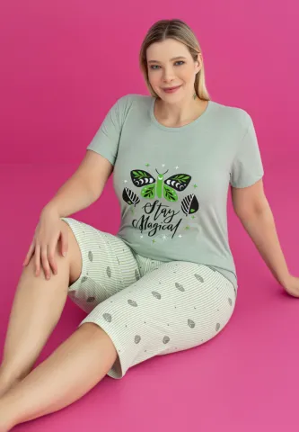 Pijama damă bumbac STAY MAGICAL mărime mare tricou + pantaloni 3/4 hover