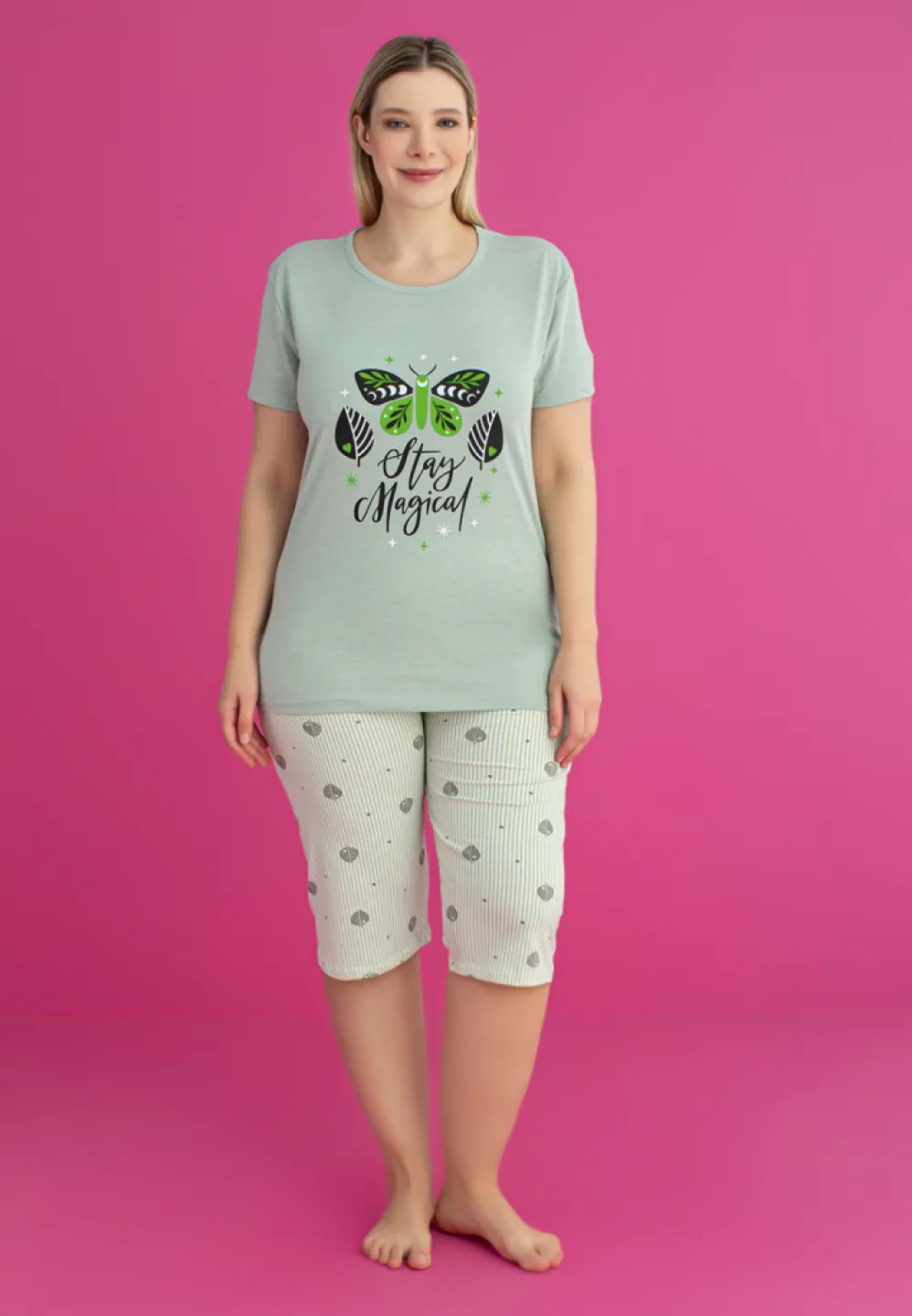 Pijama damă bumbac STAY MAGICAL mărime mare tricou + pantaloni 3/4 - 1