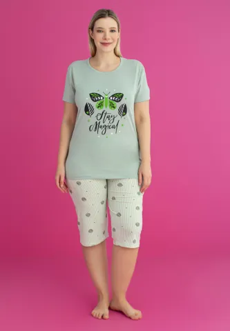 Pijama damă bumbac STAY MAGICAL mărime mare tricou + pantaloni 3/4