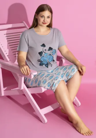 Pijama damă bumbac FLORI mărime mare tricou + pantaloni 3/4 hover