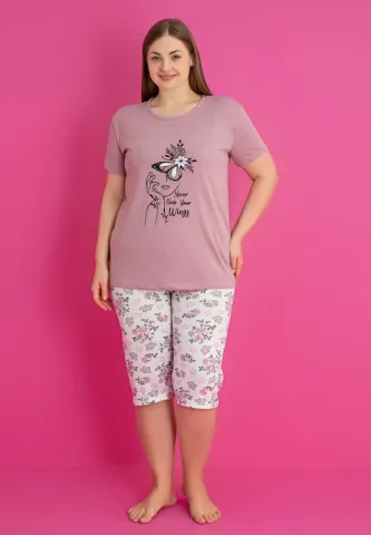 Pijama damă bumbac NEVER HIDE YOUR WINGS mărime mare tricou + pantaloni 3/4