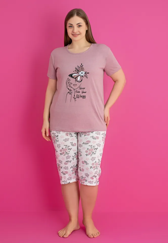 Pijama damă bumbac NEVER HIDE YOUR WINGS mărime mare tricou + pantaloni 3/4