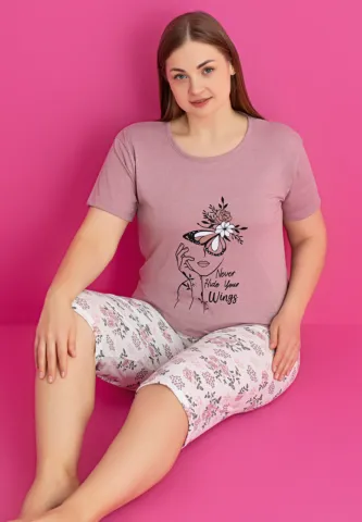 Pijama damă bumbac NEVER HIDE YOUR WINGS mărime mare tricou + pantaloni 3/4 hover