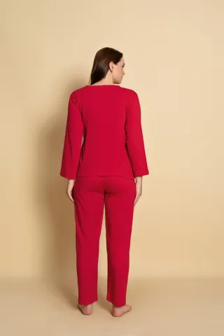 Pijama damă Bumbac Beautiful Day roșu mânecă lungă și pantaloni lungi hover