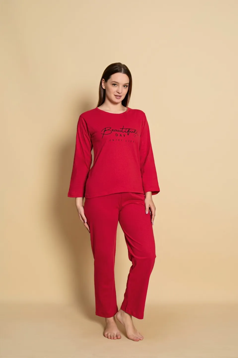 Pijama damă Bumbac Beautiful Day roșu mânecă lungă și pantaloni lungi - 3