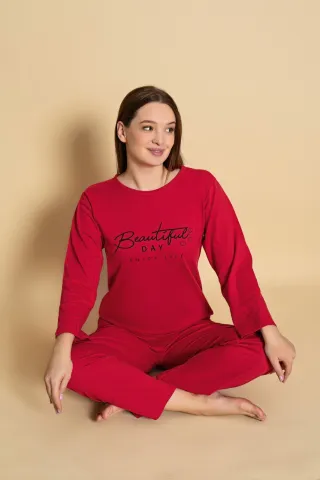 Pijama damă Bumbac Beautiful Day roșu mânecă lungă și pantaloni lungi