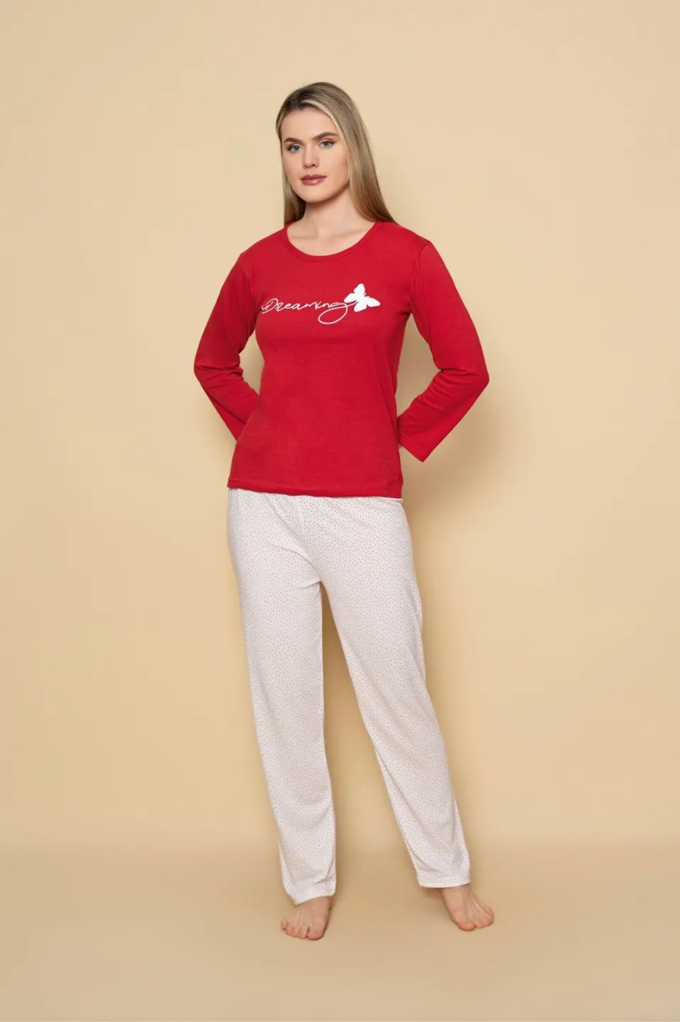 Pijama damă din Bumbac – Dreaming, Set Roșu cu Mânecă Lungă și Pantaloni Lung - 1
