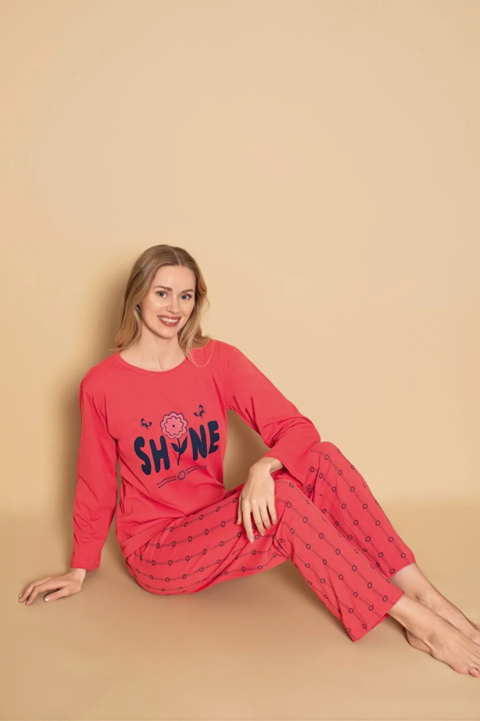 Pijama damă din Bumbac – Shine, Set Roșu cu Mânecă și Pantaloni Lungi - 2