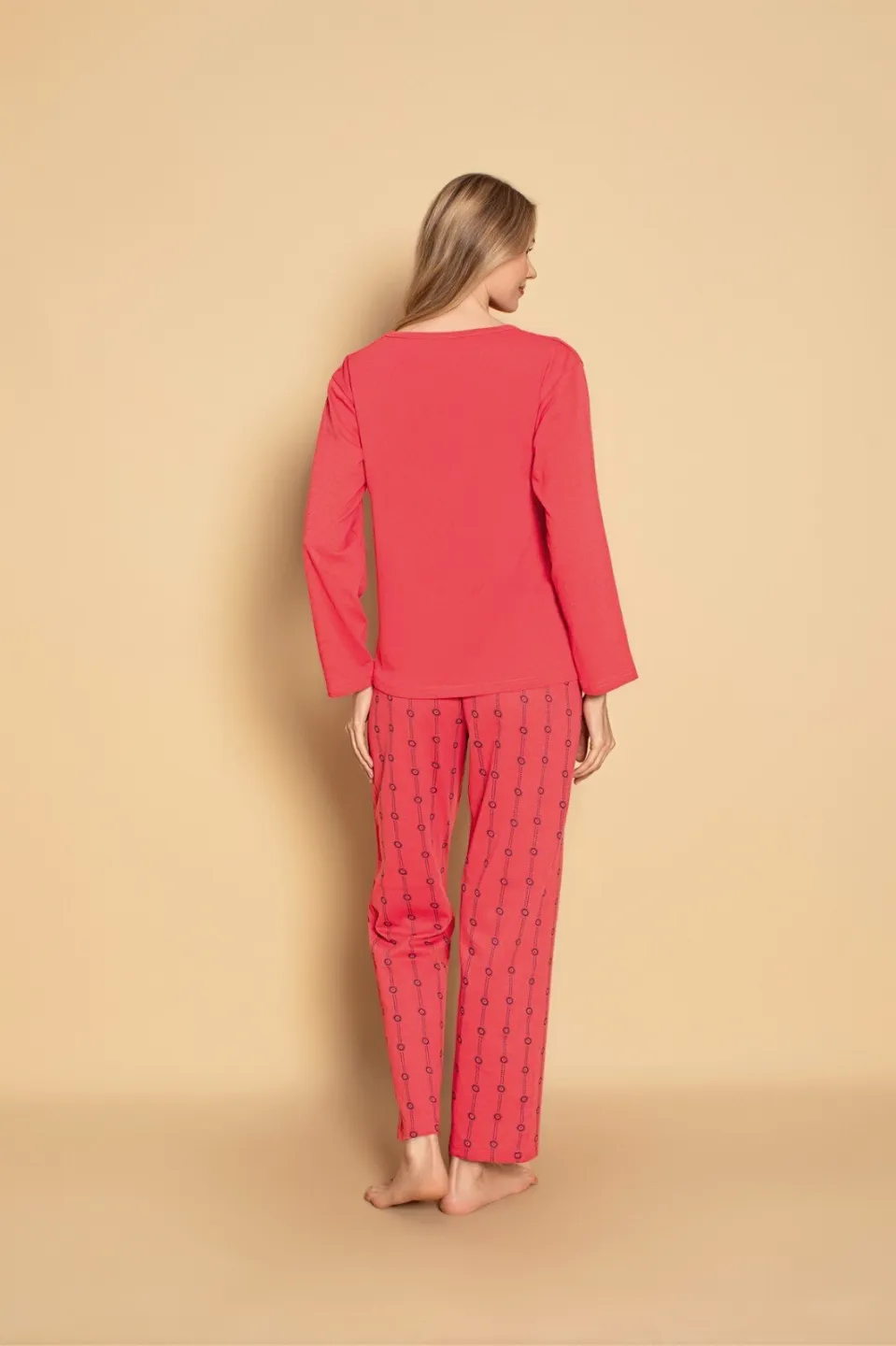 Pijama damă din Bumbac – Shine, Set Roșu cu Mânecă și Pantaloni Lungi - 3
