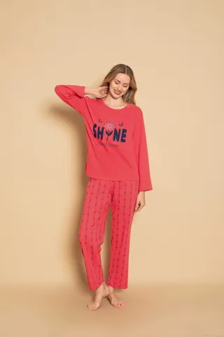 Pijama damă din Bumbac – Shine, Set Roșu cu Mânecă și Pantaloni Lungi