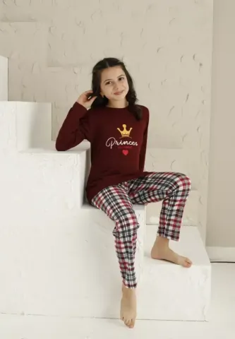 Pijama Fete, Imprimeu Princes, Mânecă Lungă si Pantaloni Lungi, bordo