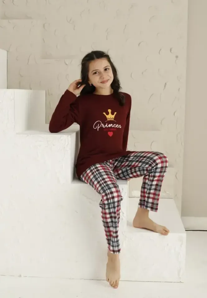 Pijama Fete, Imprimeu Princes, Mânecă Lungă si Pantaloni Lungi, bordo
