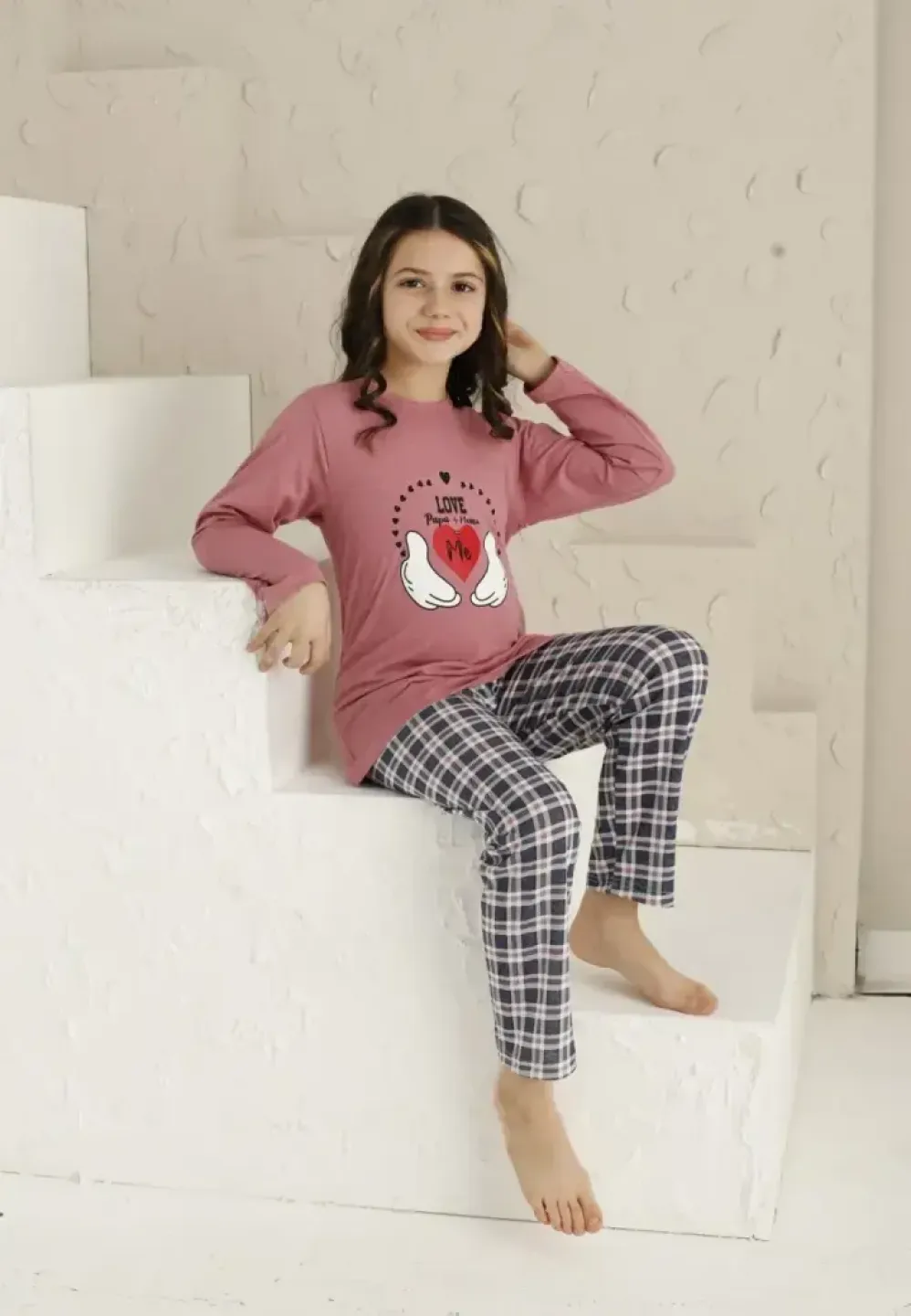 Pijama fete, roz închis, model Love, bluză cu mânecă lungă și pantaloni lungi - 2
