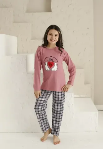 Pijama fete, roz închis, model Love, bluză cu mânecă lungă și pantaloni lungi