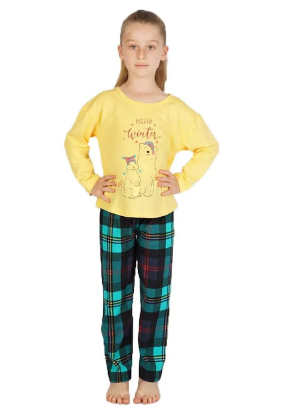Pijama fete galbenă, bluză cu mânecă lungă și pantaloni lungi, model Hello Winter - 1