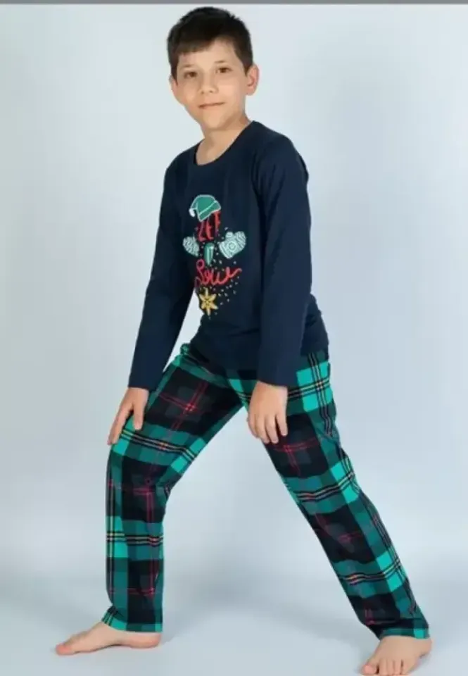 Pijama copii bleumarin, bluză cu mânecă lungă și pantaloni lungi, model Let it Snow