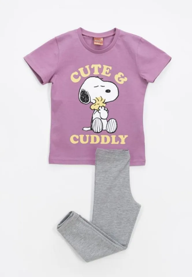 Pijama fete, mov și gri, bluză scurtă și colanți, design Snoopy