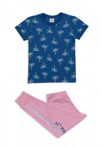 Pijama fete confortabilă, bluză scurtă și pantaloni lungi, design palmieri
