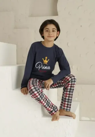 Pijama băieți bleumarin, bluză cu mânecă lungă și pantaloni lungi, model Prince